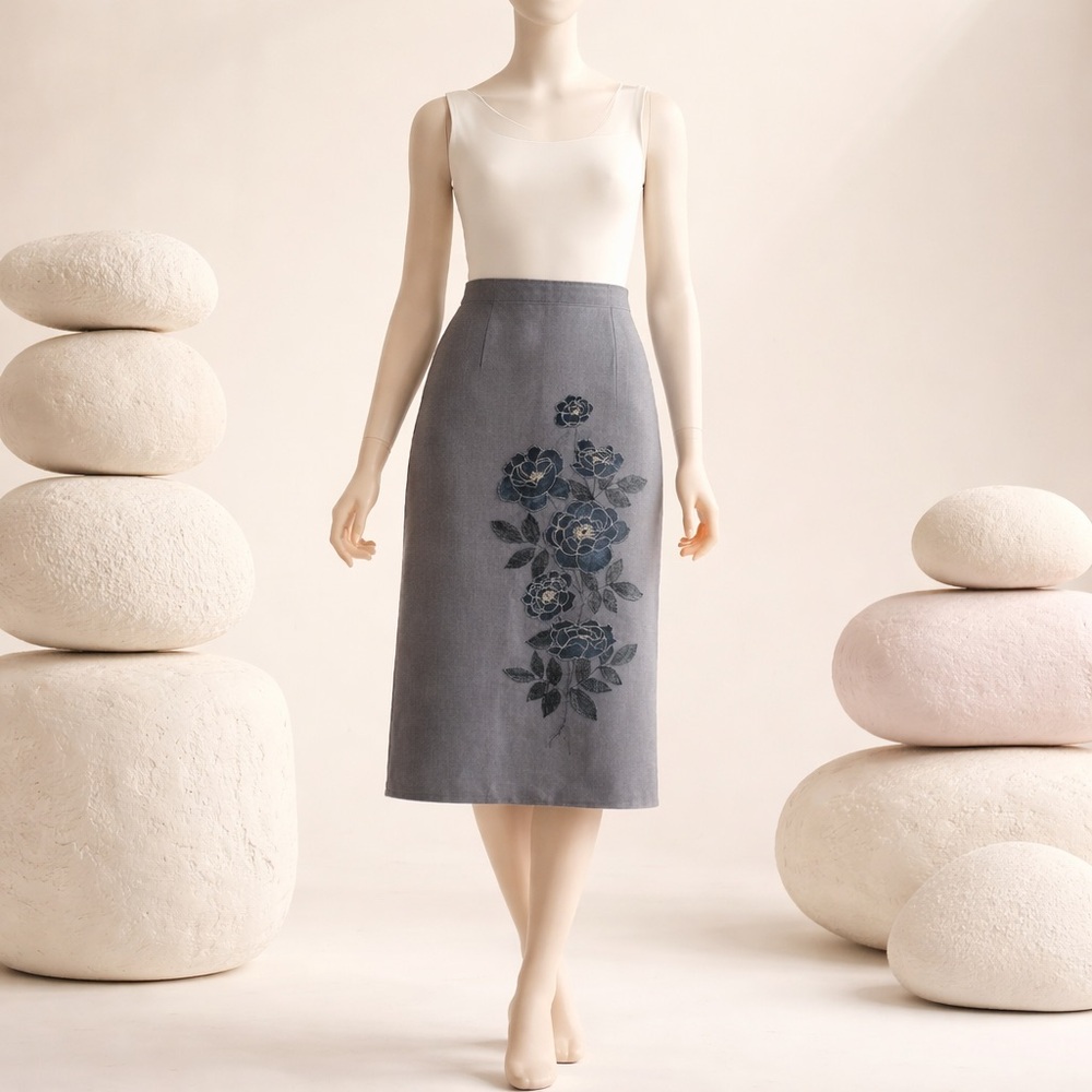 Vintage United Colors of Benetton Gray Wool A-Line Flower Embroidered Skirt Sz 4